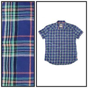 Express Men’s L Blue Plaid Snap Button Short Sleeve Shirt